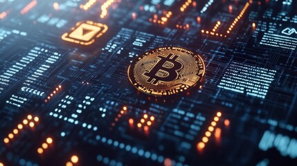 Aufkleber - Dynamic Cryptocurrency Symbols and Blockchain Patterns on Dark Blue Background
