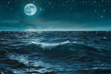 ocean surface under a starry sky, with moonlight casting a silver glow on the gentle waves.