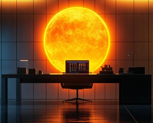 Aufkleber - Futuristic Office with Glowing Bitcoin and Real-Time Trading on Laptop