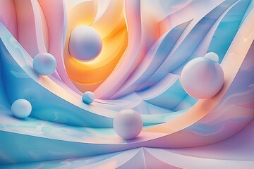 Aufkleber - A 3D geometric abstraction with pastel colors, shapes, and spheres, The composition includes soft curves and sharp angles in shades, creating an atmosphere that is both playful and modern.
