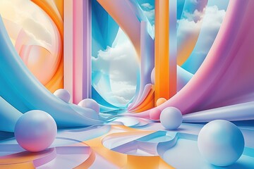 Aufkleber - A 3D geometric abstraction with pastel colors, shapes, and spheres, The composition includes soft curves and sharp angles in shades, creating an atmosphere that is both playful and modern.
