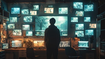 Aufkleber - A man standing in a home office, many floating rectangles showing casino games illuminated.