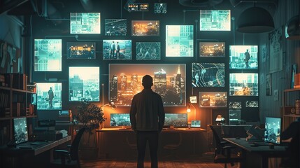Aufkleber - A man standing in a home office, many floating rectangles showing casino games illuminated.