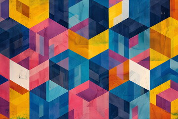 Aufkleber - Retro-style geometric pattern wallpaper with vibrant cubes and bold color combinations.