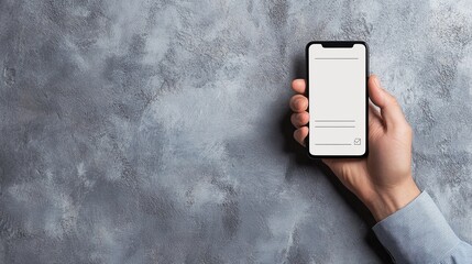 A businessman's hand points at a cellphone displaying a creative digital document against a gray backdrop. This image represents online surveys, digital form checklists, and the concept of voting. 