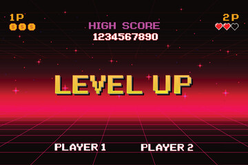 Poster - LEVEL UP. pixel art. 8 bit game. Retro Futurism Sci-Fi Background. glowing neon grid and stars from vintage arcade comp