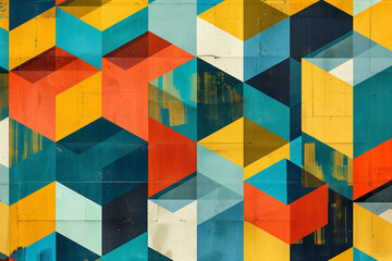 Aufkleber - Retro-style geometric pattern wallpaper with vibrant cubes and bold color combinations.