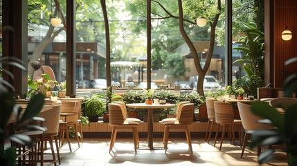 Poster - A modern Japanese coffee shop, with earthy tones, plush seating, and vibrant greenery. The design features floor-to-ceiling glass, wooden furniture, and soft ambient lighting.