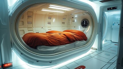 Aufkleber - A futuristic suspended animation sleeping capsule.