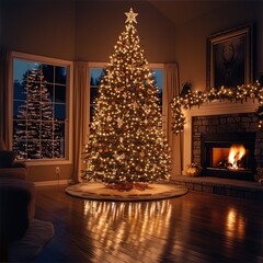 Aufkleber - Christmas tree at night in house by fireplace.