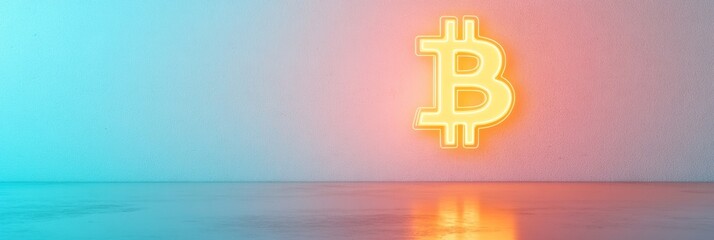Poster - Neon Bitcoin Symbol on Reflective Floor in Minimalist Setting