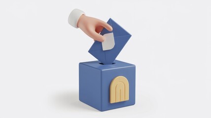 Poster - A 3D rendering of a hand dropping an envelope into a ballot box, symbolizing voting or submission.