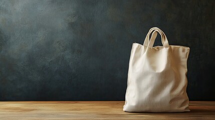 Poster - Elegant Beige Tote Bag on a Wooden Surface Against a Dark Textured Background, Ideal for Lifestyle and Product Photography