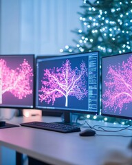 Aufkleber - Gaming Developers Workspace with Glowing Neon Art and Monitors in Festive Office