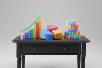 Aufkleber - Colorful 3D charts and graphs on a table showing growth, progress, and data analysis.
