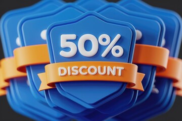 Poster - 50% off discount promotion, blue and orange design.
