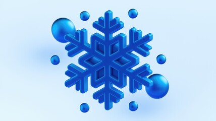 Aufkleber - A 3D rendered blue snowflake surrounded by smaller blue spheres on a light blue background.