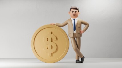 Poster - A cartoon businessman confidently leans against a large gold dollar coin, symbolizing financial success and wealth.