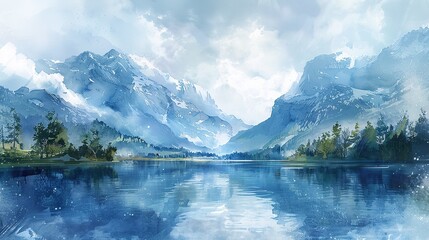 Naklejka na meble River and forest and mountain landscape wilderness outdoors and blue cloudy sky.