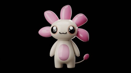 Poster - Adorable 3D rendered axolotl with pink flower-like appendages, cute cartoon style.