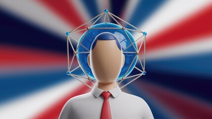 Poster - A faceless businessman with a blue sphere and geometric structure above his head, set against a blurred Union Jack background.