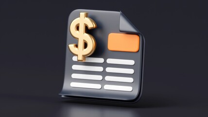 Aufkleber - A 3D rendering of a dark document with a golden dollar sign, symbolizing financial statements or invoices.