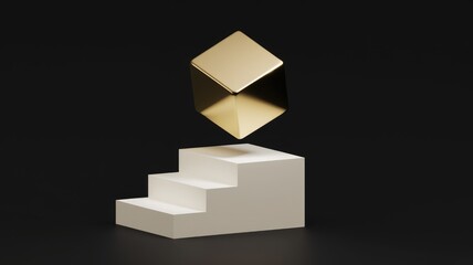 Aufkleber - A golden cube hovers above a three-step white platform against a transparent background.