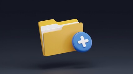 Leinwandbilder - 3D render of a yellow folder icon with a blue plus button, symbolizing adding new files or data.