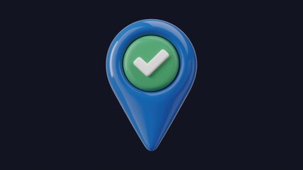 Poster - 3D rendered blue location pin with green checkmark, indicating confirmation or completion.
