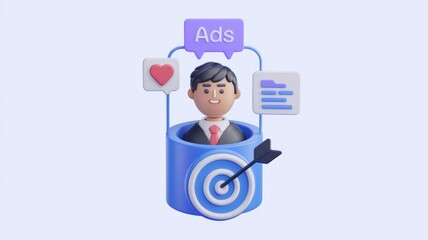 Poster - A 3D illustration showing a businessman achieving his advertising goals, symbolized by a target and positive feedback.