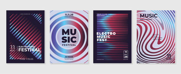 Music poster design background vector set. Electro Sound Cover template with vibrant abstract gradient geometric shape and line wave. Ideal design for social media, flyer, party, music festival, club.