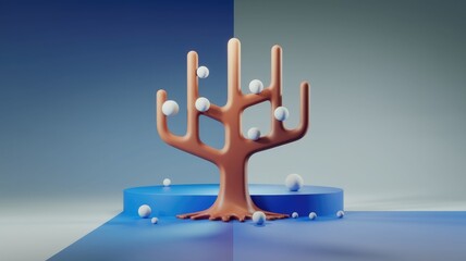 Poster - Abstract 3D rendering of a stylized tree with white spheres on a blue platform.