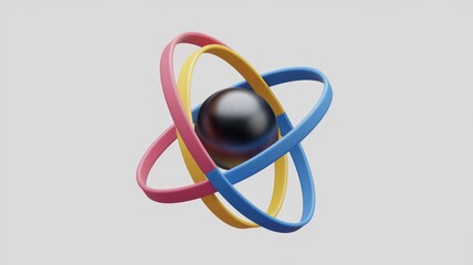 Aufkleber - Abstract 3D rendering of atom model with colorful orbiting rings and a central sphere.