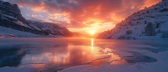 Poster - A stunning sunrise over the frozen lake. The lake reflects warm hues of orange and pink as sunlight pierces through the clouds, casting long shadows on the snow-covered mountains in the background.