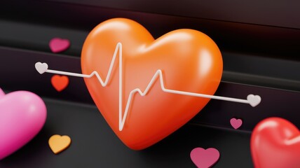 Aufkleber - A vibrant orange heart with a heartbeat line, surrounded by smaller hearts, symbolizes love and health.