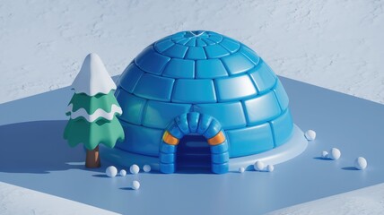 Aufkleber - A cute cartoon igloo with a snow-covered tree and snowballs on a light blue surface.