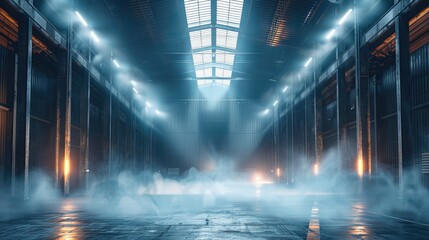 Poster - Smokey warehouse with bright lights on floor.