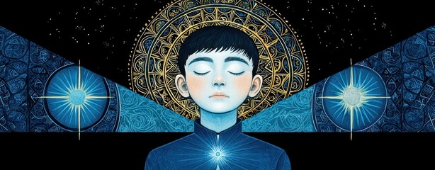 Poster - Meditative boy surrounded by stars digital art cosmic environment close-up view