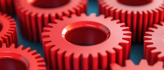 Poster - Mechanical action of red gears industrial setting 3d render close-up viewpoint
