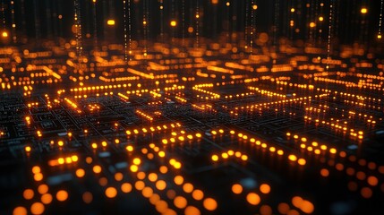 Fototapete - Futuristic Abstract Technology Background with Glowing Orange Circuits and Digital Particles Creating a Dynamic and High-Tech Environment