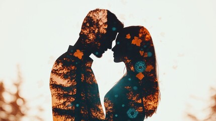 Aufkleber - Double Exposure Image of  Intimate viewpoint silhouette of a romantic couple in a dreamy nature scene