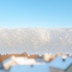 Poster - Icy Patterns on Windowpane with Snow-Covered Rooftops and Blue Sky