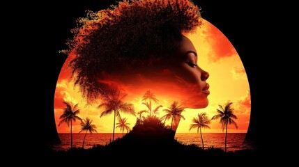 Aufkleber - Double exposure silhouette of Sunset serenityemotive silhouette of a woman tropical beach digital art vibrant atmosphere