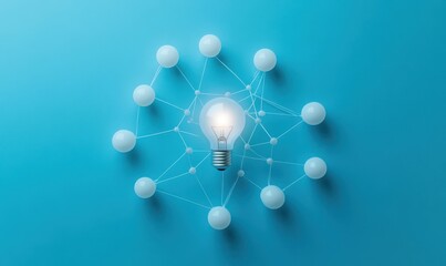 Poster - Connection Concept with Light Bulb and Network Nodes Symbolizing Ideas, Creativity, and Innovation on a Vibrant Blue Background