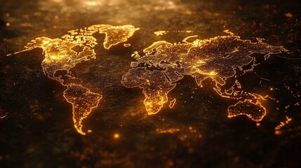 Poster - Stunning Golden World Map Illustration with Bright Lights and Intricate Details Representing Global Connections and Digital Transformation in Dark Background