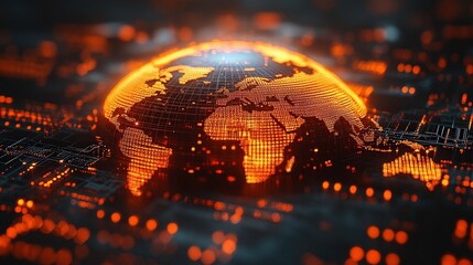 Fototapete - Vibrant Digital Globe with Circuitry Background Highlighting Global Connectivity and Technology in a Futuristic Style with Orange and Black Color Palette