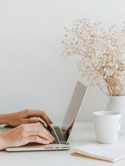 Poster - Minimalist Workspace with Laptop, Coffee, and Notebook for Digital Productivity