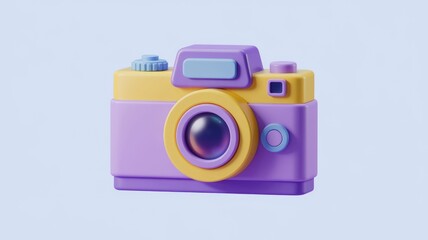 Poster - A cute, cartoonish 3D model of a camera in pastel purple and yellow.