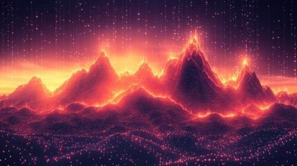 Poster - Vivid Digital Landscape of Fiery Mountains Under a Starry Sky, With Neon Glow and Abstract Elements Creating a Futuristic Atmosphere