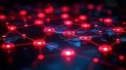 Fototapete - Abstract digital connectivity map illustrating glowing red nodes interconnected by lines, representing a global network and data sharing